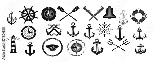 nautical icon set with anchor helm and rope