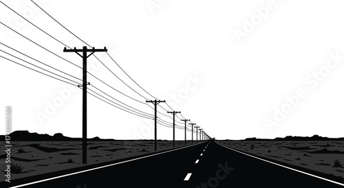 Lonely desert highway with power lines, straight empty road perspective, barren landscape horizon, utility poles stretching distance, solitude travel concept, arid scenery, journey atmosphere