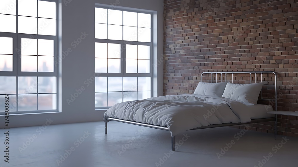 Fototapeta premium Minimalist Bedroom with Loft Style Exposed Brick Wall Light Industrial Interior Space