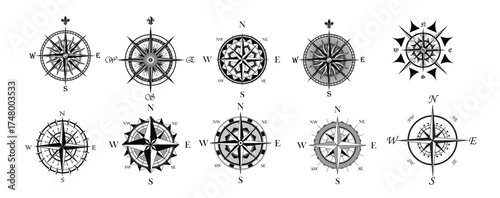 nautical wind rose and compass icons set