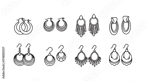 Collection of artistic hand-drawn fashion earrings for jewelry design and accessories concepts vector