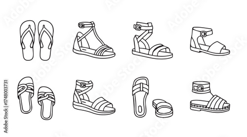 Collection of eight diverse hand-drawn summer footwear styles including sandals and flip-flops vector