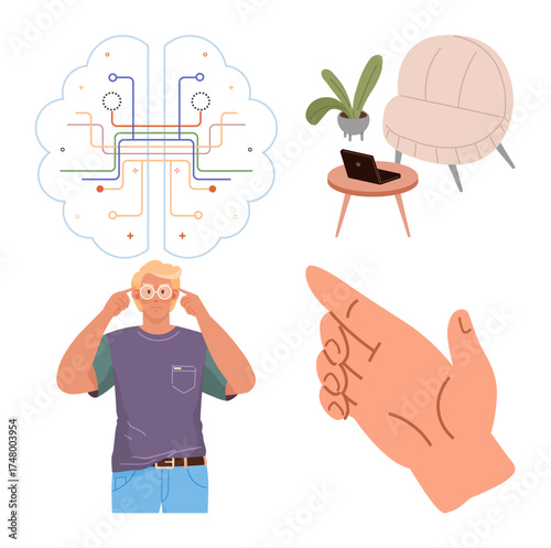 Brain connections, pointing hand, person adjusting glasses, laptop on table, and cozy chair. Ideal for innovation, brainstorming, creativity technology communication modern life ideas. A simple
