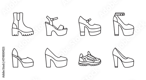 Retro platform shoe collection doodle art style fashion footwear assortment vector