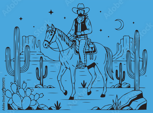 Lone cowboy rides horse through arid desert landscape under starry night sky with moon.