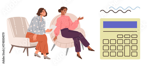 Two women in casual attire converse sitting on modern chairs, gesturing with focus. Calculator and lines indicate discussion topics. Ideal for teamwork, finance, planning, analysis, collaboration