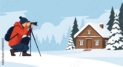 A photographer captures a winter scene, kneeling in the snow to frame a cozy cabin nestled amidst snow-covered trees and a serene landscape.