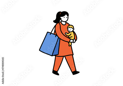 Woman carrying baby while shopping in orange outfit for Black Friday  
