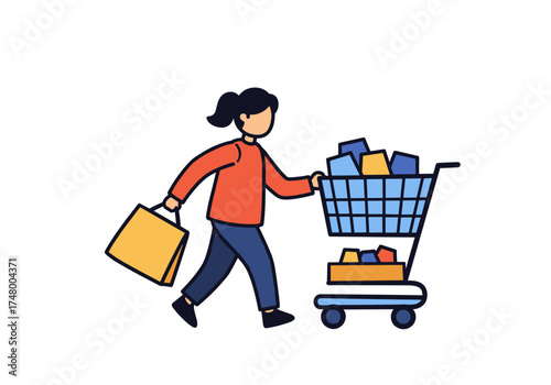 Woman shopping hurriedly with a cart full of purchases for Black Friday  