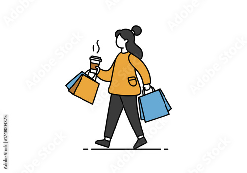 Woman shopping with coffee in hand while carrying colorful bags for Black Friday  