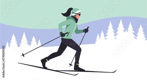 A woman enjoys cross-country skiing through a snowy forest, wearing winter clothing and embracing the outdoor adventure in a scenic landscape.