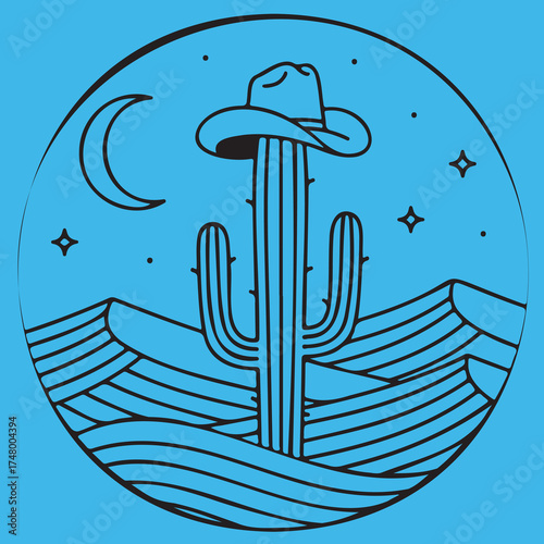 Whimsical desert landscape with a cowboy hat-wearing cactus under a starry night sky