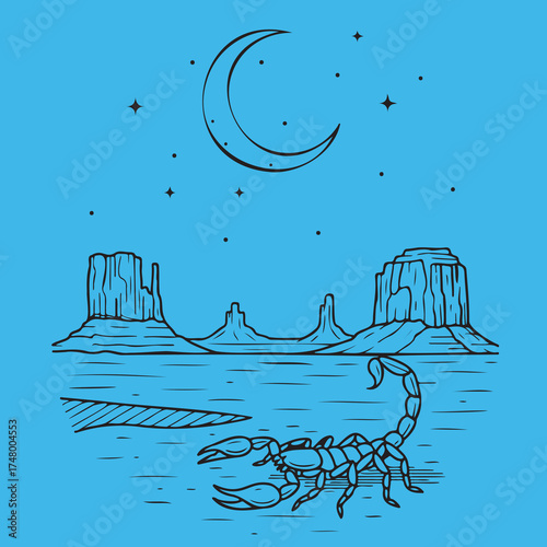 Scorpion prowls the desert under a crescent moon and starry sky.