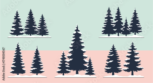 A collection of stylized evergreen trees with snow, perfect for winter holiday designs and seasonal illustrations, on a pastel background.