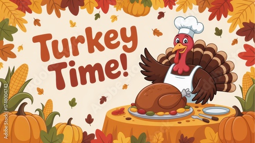 Cartoon thanksgiving scene with turkey chef, roasted turkey, pumpkins and autumn leaves falling