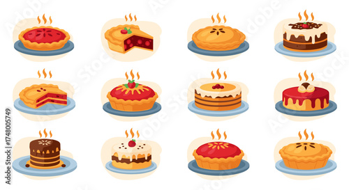 A collection of twelve different, appetizing pies, each with unique fillings and toppings, presented on blue plates, steaming.