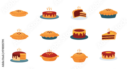 Various illustrations of delicious baked pies and cakes with steam rising, perfect for dessert and holiday themes.