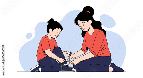 A caring mother helps her young son tie his shoelaces, fostering a moment of connection and teaching a valuable life skill.