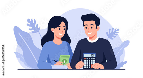 A couple happily reviews their finances, calculating expenses and managing money with a calculator and notepad for budgeting.