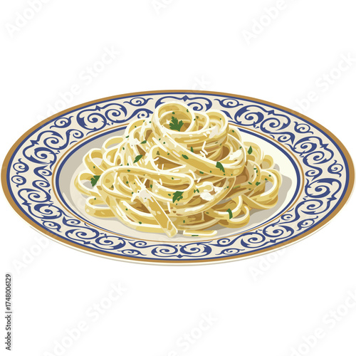 Italian Fettuccine Alfredo, Creamy White Sauce Pasta Vector Icon with Transparent Background