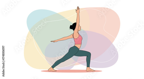 A woman practices the Warrior II yoga pose with a colorful background, promoting wellness and balance in a healthy lifestyle.
