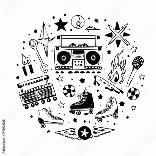 A circular composition of hand-drawn retro objects like a boombox, roller skates, and a microphone.