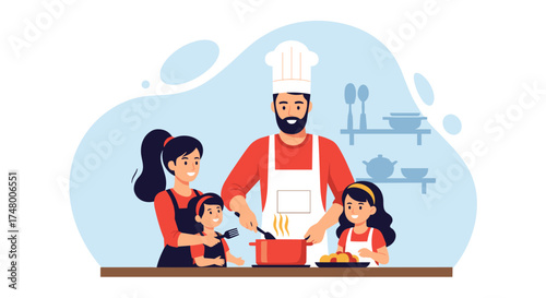 A family joyfully cooks together in their home kitchen, creating a delicious meal while sharing quality time and happiness.