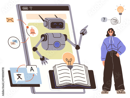 AI robot interacting with learning tools, including book, translation app, and notification features, alongside a woman. Ideal for education, AI, innovation, communication creativity mobile