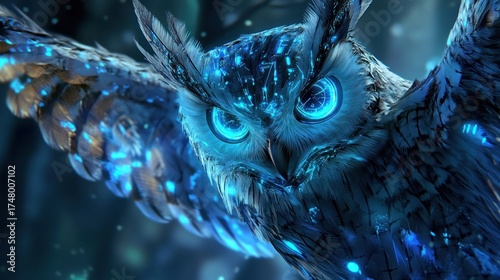 Mystical owl with glowing eyes and wings