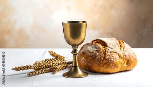 Golden chalice and bread, wheat sprigs on white cloth