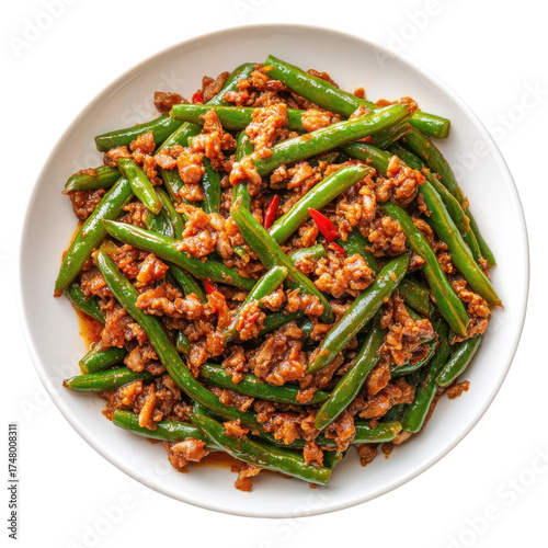 Stir-Fried Green Beans with Ground Pork in Spicy Sauce - A Flavorful Asian Dish for Any Meal on transparent background
