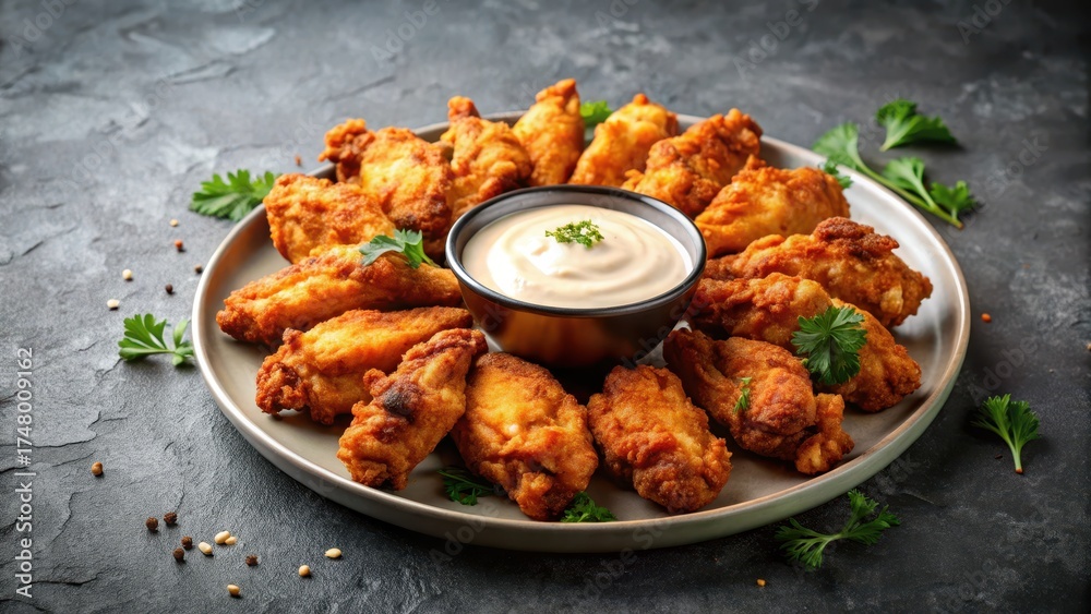 Fototapeta premium Crisp fried chicken wings piled high in the center of a plate on a rugged concrete table top, with a side of creamy dipping sauce nearby , savory, golden brown