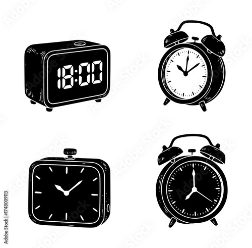 alarm clock silhouette set, isolated background