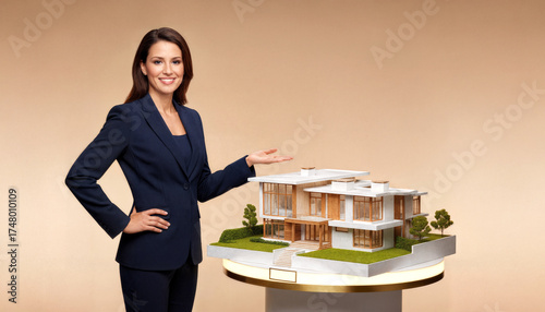 Real estate agent presenting luxury modern house model professional businesswoman in elegant suit showcasing architectural property concept, studio shot.