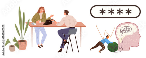 Two colleagues engaged in discussion at a workspace, secured password element, a person solving a challenge rolling an object into a head. Ideal for teamwork, cybersecurity, problem-solving, mental