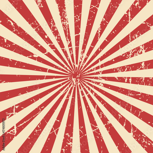 Circus background and spiral retro rays vector pattern. Vintage poster of red white sun or star burst radial lines with grunge texture, circus, carnival, summer fair or chapiteau backdrop