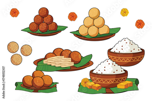 Assorted mithai and flowers on banana leaves for puja
