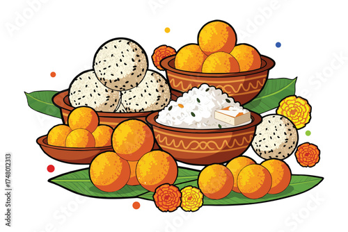 Delicious indian sweets arranged in bowls on banana leaf