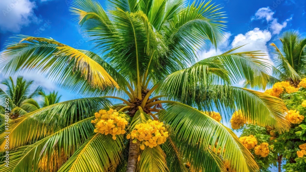 Fototapeta premium Palm tree in full bloom with lush green leaves and vibrant yellow flowers swaying gently in the tropical breeze, nature