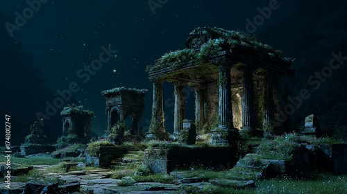Obraz na plátně Ancient ruins shrouded in moonlight amidst a mystical forest image
