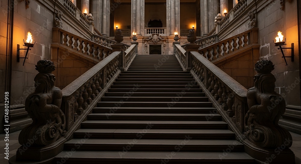 Fototapeta premium Grand Staircase in a Historic Palace with Ornate Balustrades and Warm Lighting.