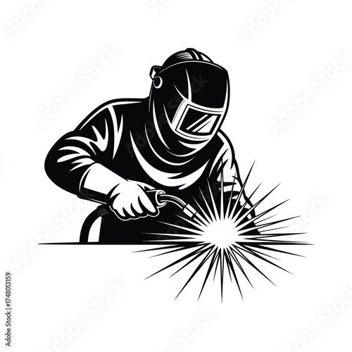 Welder wearing protective gear and helmet sparks bright light while working