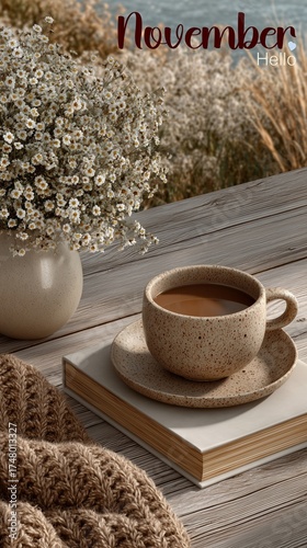 Welcome November background with Welcome November coffee scene with cozy pillows and flowers, relaxing Welcome November coffee composition, warm Welcome November atmosphere for seasonal inspiration