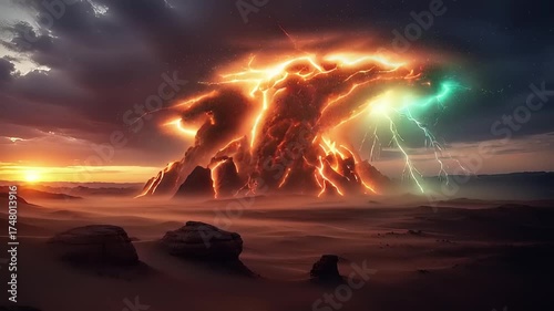 Epic Clash of Elemental Forces - Fiery Volcano Erupts with Electric Storm in a Dramatic Landscape.