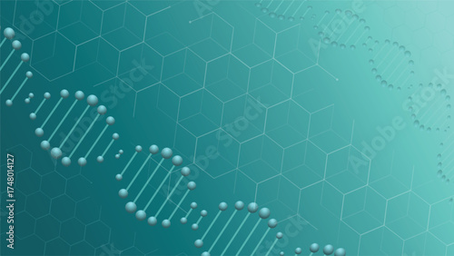 Modern science background featuring DNA helix and hexagonal molecular pattern in teal tones. Perfect for genetics, research, healthcare, and biotechnology concept designs.