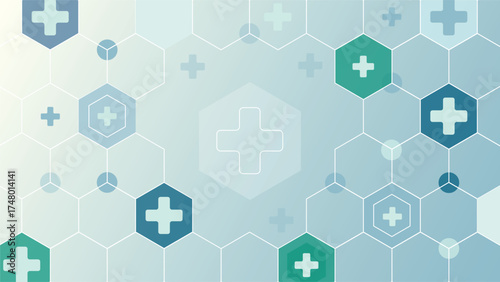 Modern healthcare design with blue hexagon shapes and medical cross icons, creating a clean abstract background for hospitals, clinics, and health technology themes.