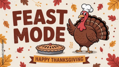 Feast mode thanksgiving illustration with turkey, pie, and autumn leaves decorations scattered around