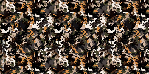 Organic shapes camouflage pattern and texture design for army fabric, seamless textile print, and military inspired background artwork