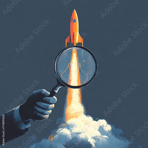 Magnifying glass looking at rockets soaring