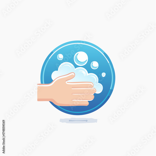 Cartoon illustration of a hand washing with soap bubbles inside a blue circle.